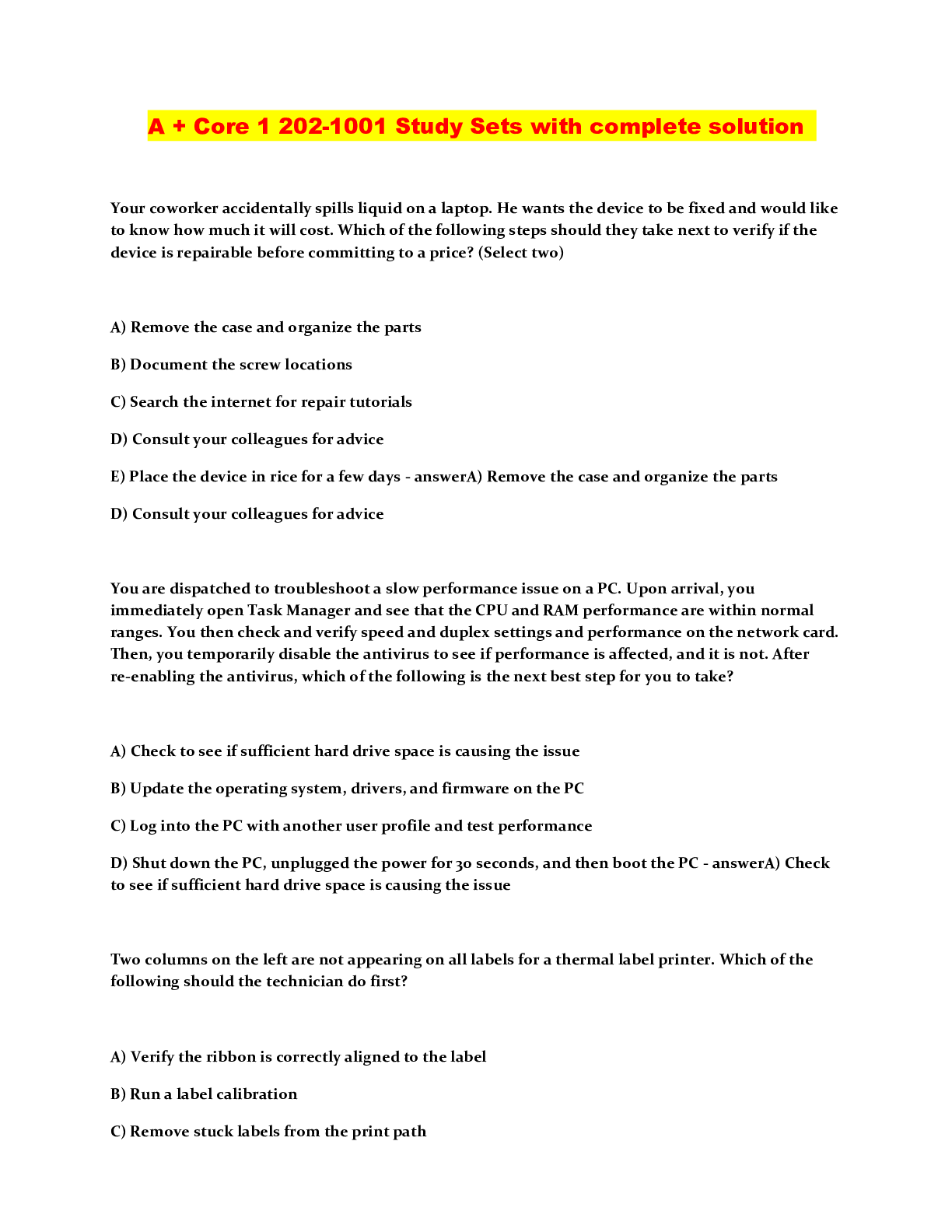 Preview image of A + Core 1 202-1001 Study Sets with complete solution document